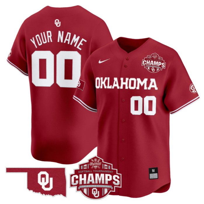 Oklahoma Sooners 2025 SEC Softball Tournament Champions Patch Custom Stitched Baseball Jersey Crimson